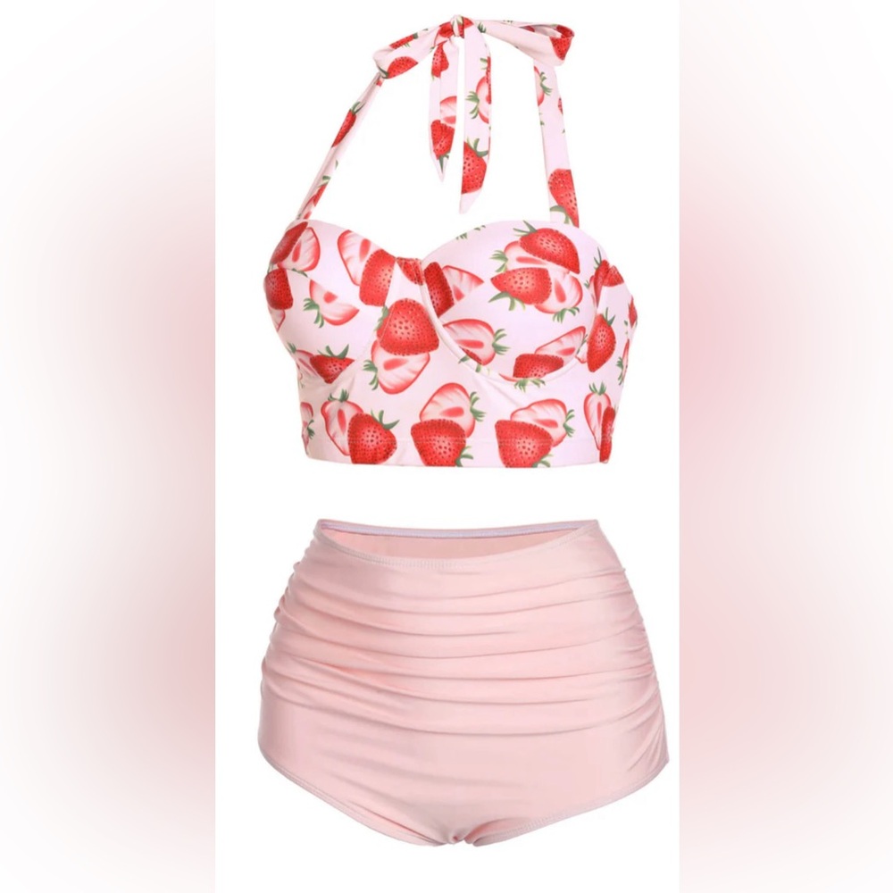 Pink vintage halter top two piece swimsuit